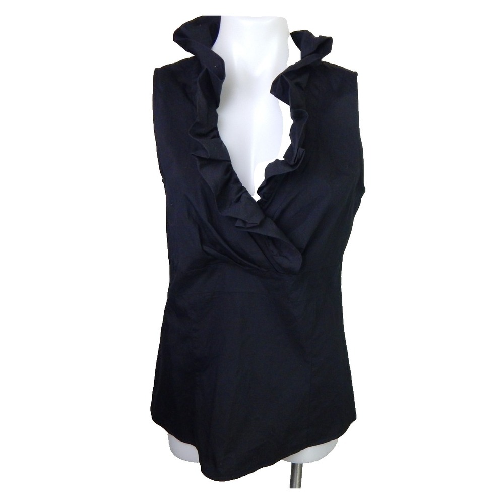 Lafayette 148 Women 8 Top Black Sleeveless Ruffle Surplice Stretch Cotton Blend